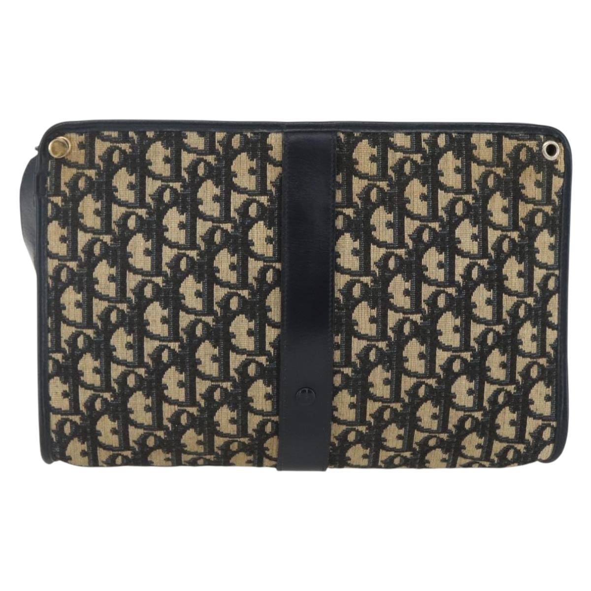 Christian Dior Trotter Canvas Shoulder Bag Navy Gold Auth 160990