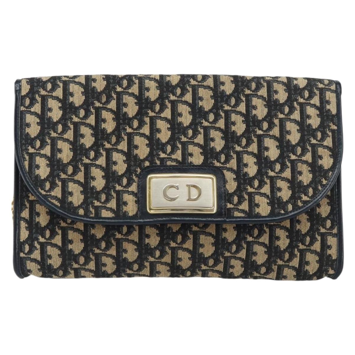 Christian Dior Trotter Canvas Chain Shoulder Bag Navy Gold Auth 160991