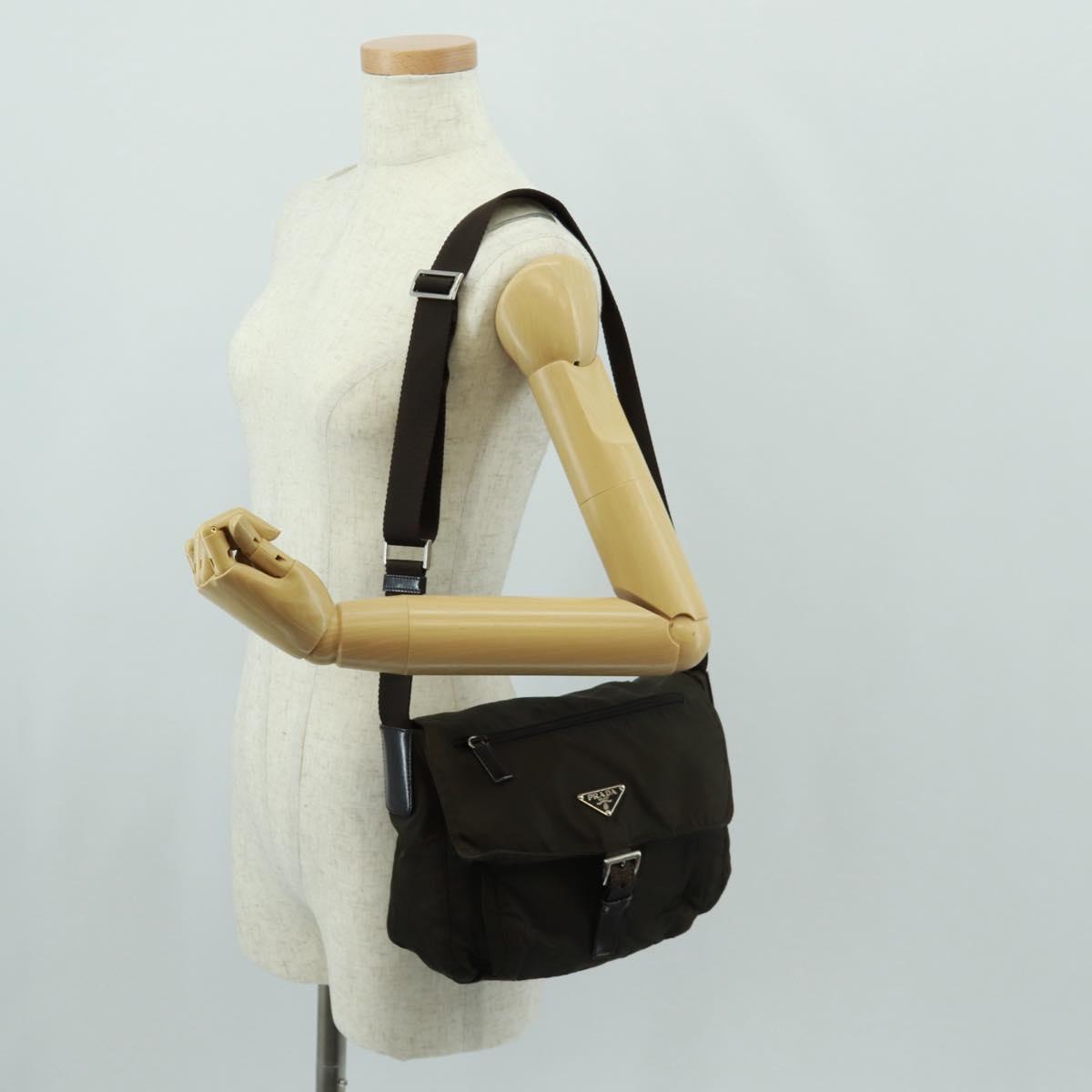 PRADA Shoulder Bag Nylon Khaki Silver Auth 160992