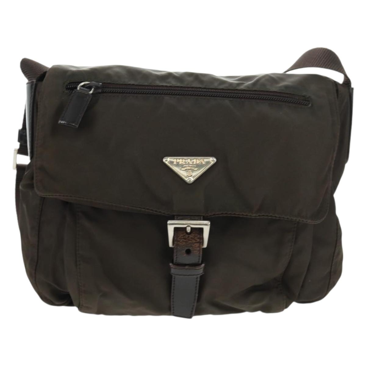 PRADA Shoulder Bag Nylon Khaki Silver Auth 160992