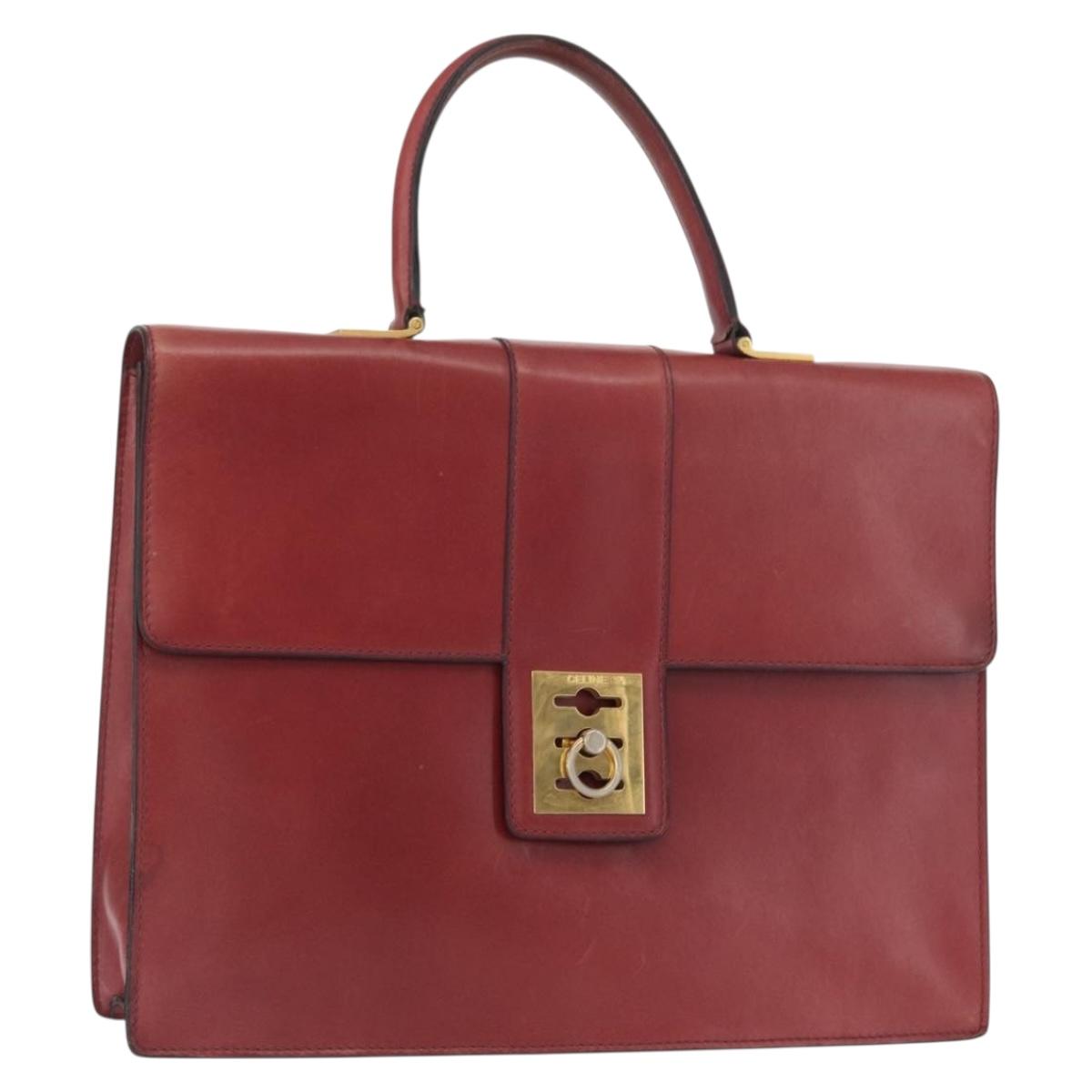 CELINE Hand Bag Leather Red Gold Auth 161005