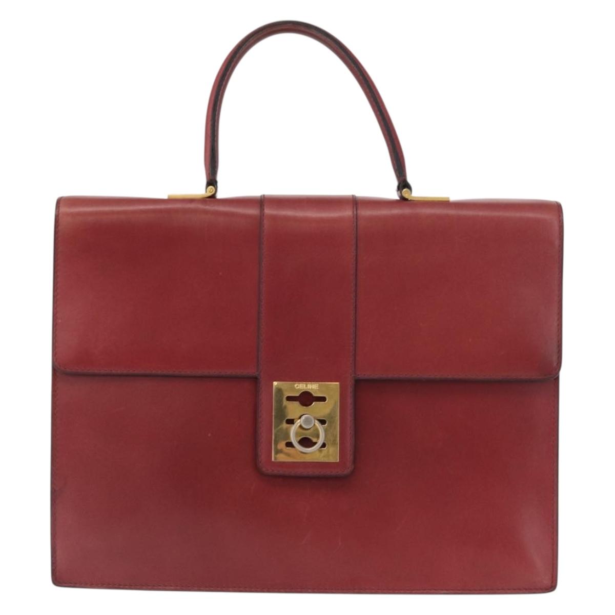 CELINE Hand Bag Leather Red Gold Auth 161005