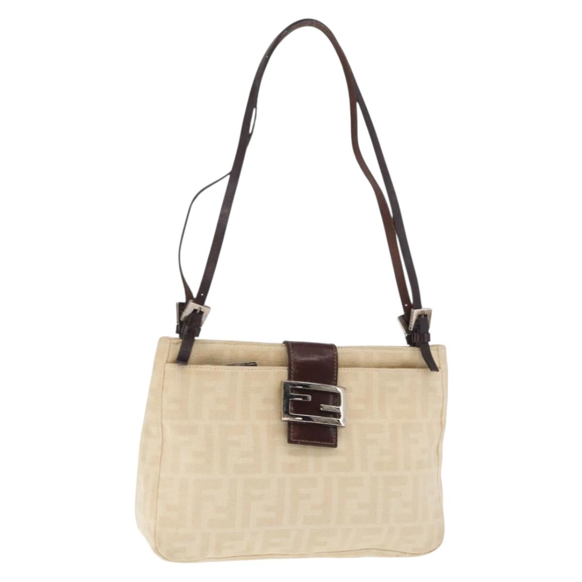 FENDI Zucca Canvas Shoulder Bag Ivory Silver Auth 161007
