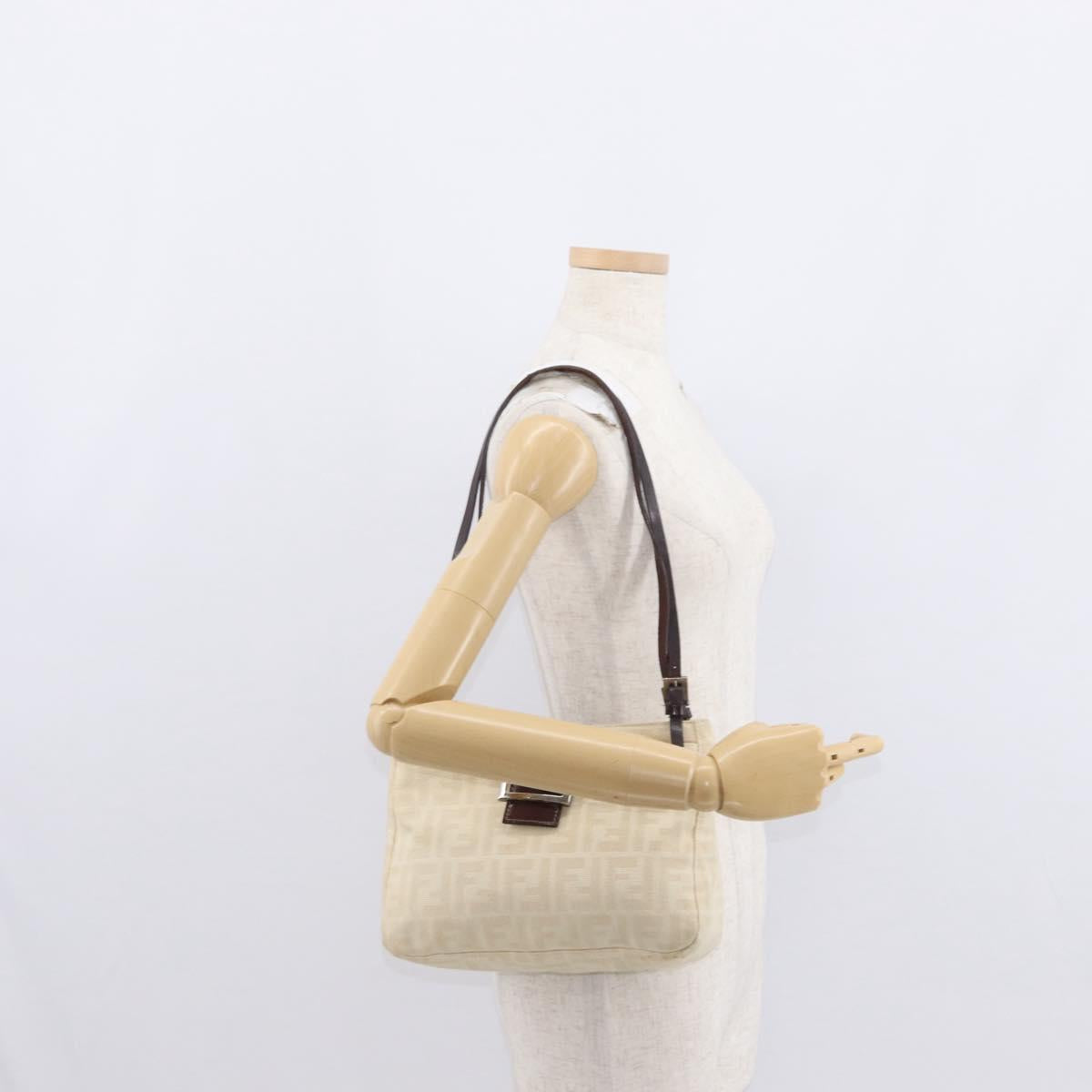 FENDI Zucca Canvas Shoulder Bag Ivory Silver Auth 161007