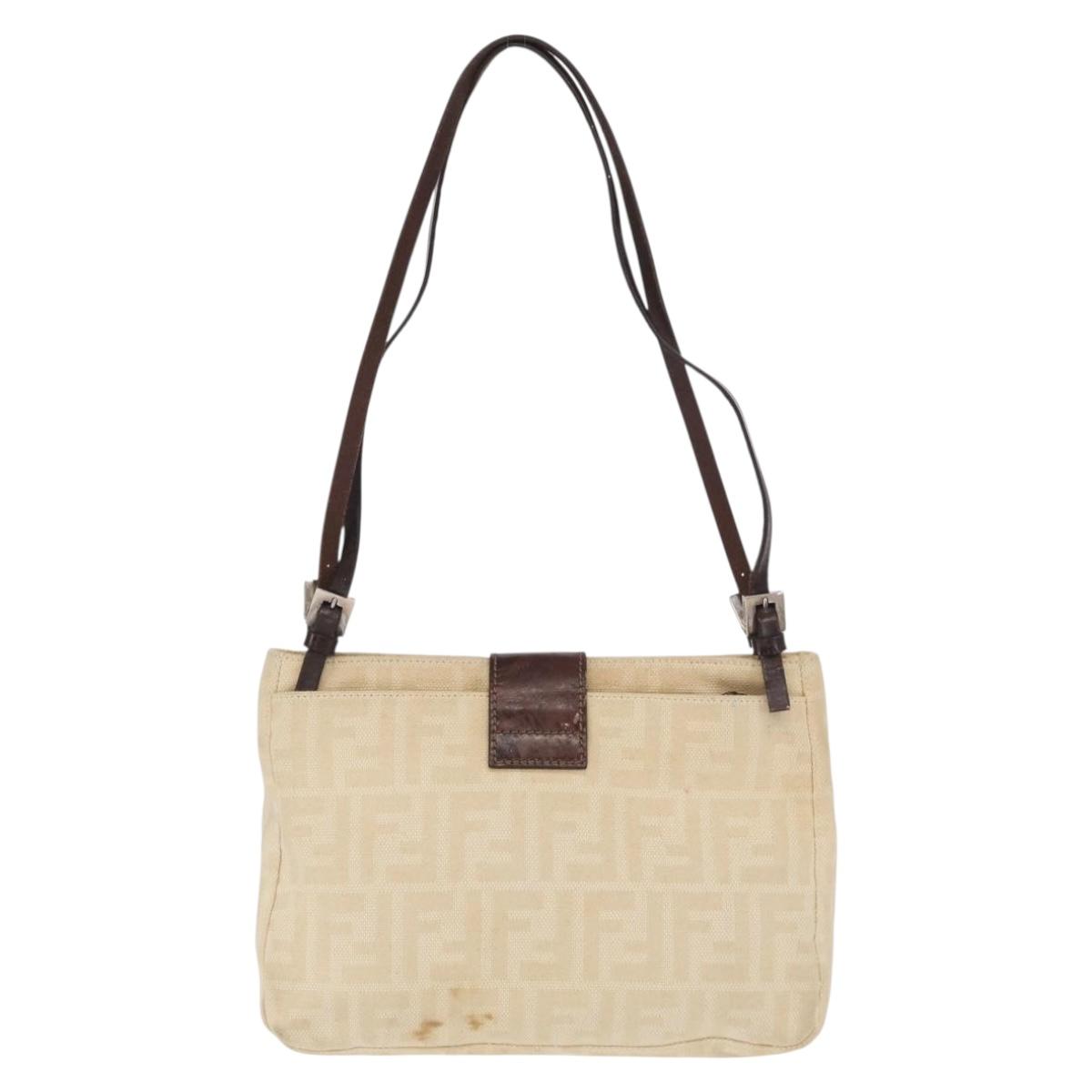 FENDI Zucca Canvas Shoulder Bag Ivory Silver Auth 161007