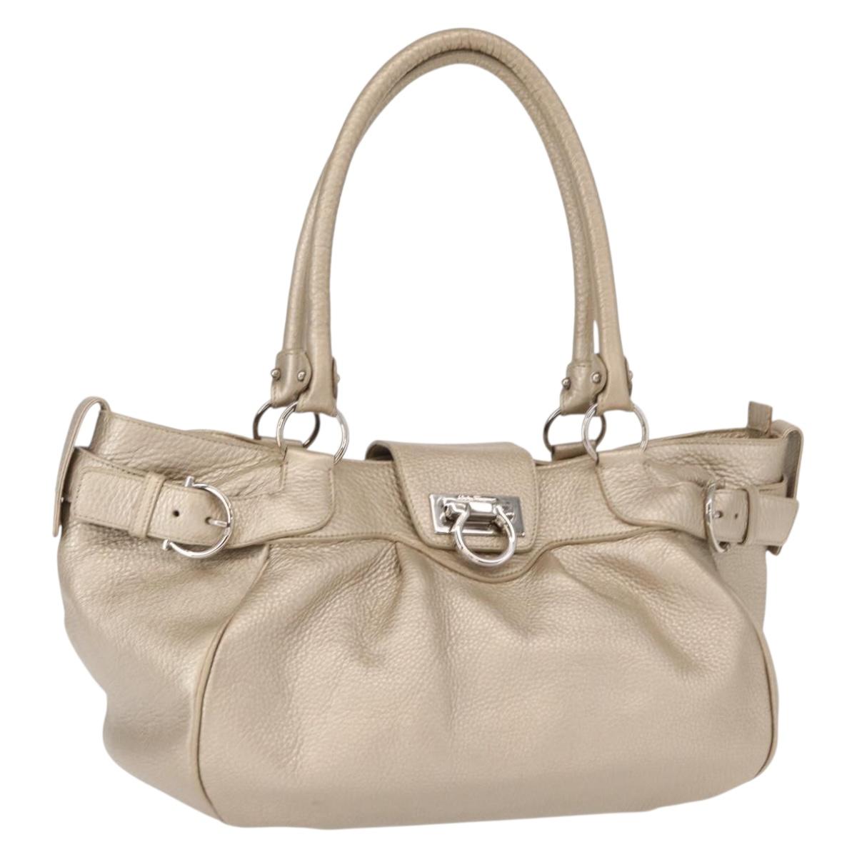 Salvatore Ferragamo Gancini Hand Bag Leather Champagne Gold Silver Auth 161013