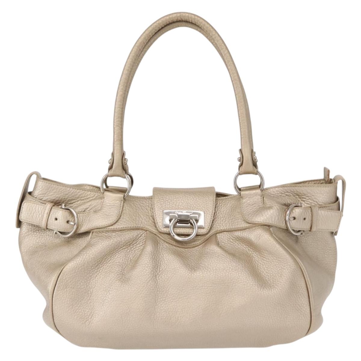 Salvatore Ferragamo Gancini Hand Bag Leather Champagne Gold Silver Auth 161013