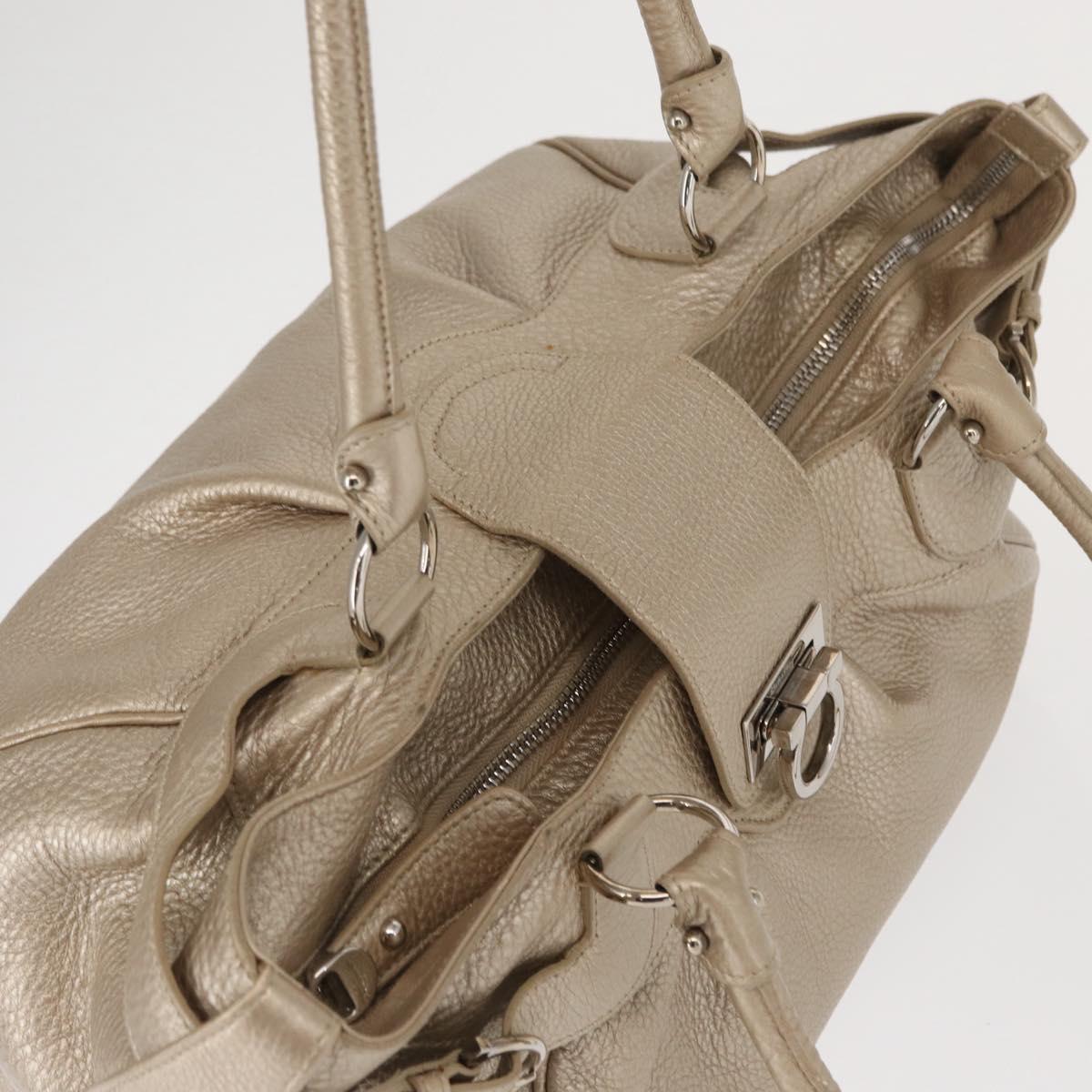 Salvatore Ferragamo Gancini Hand Bag Leather Champagne Gold Silver Auth 161013