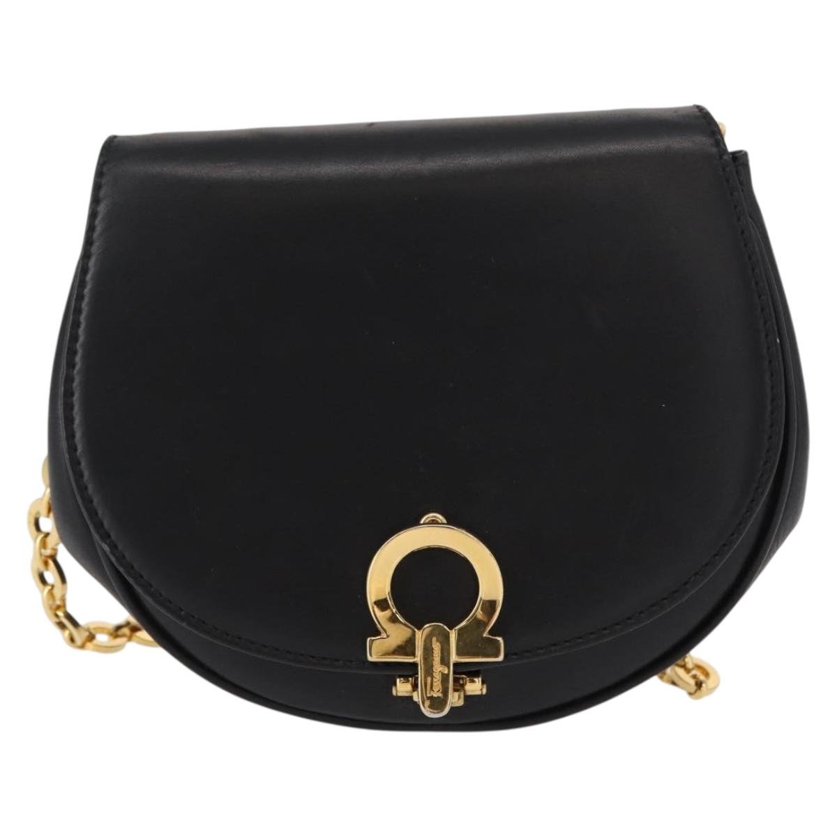 Salvatore Ferragamo Chain Gancini Shoulder Bag Leather Black Gold Auth 161032
