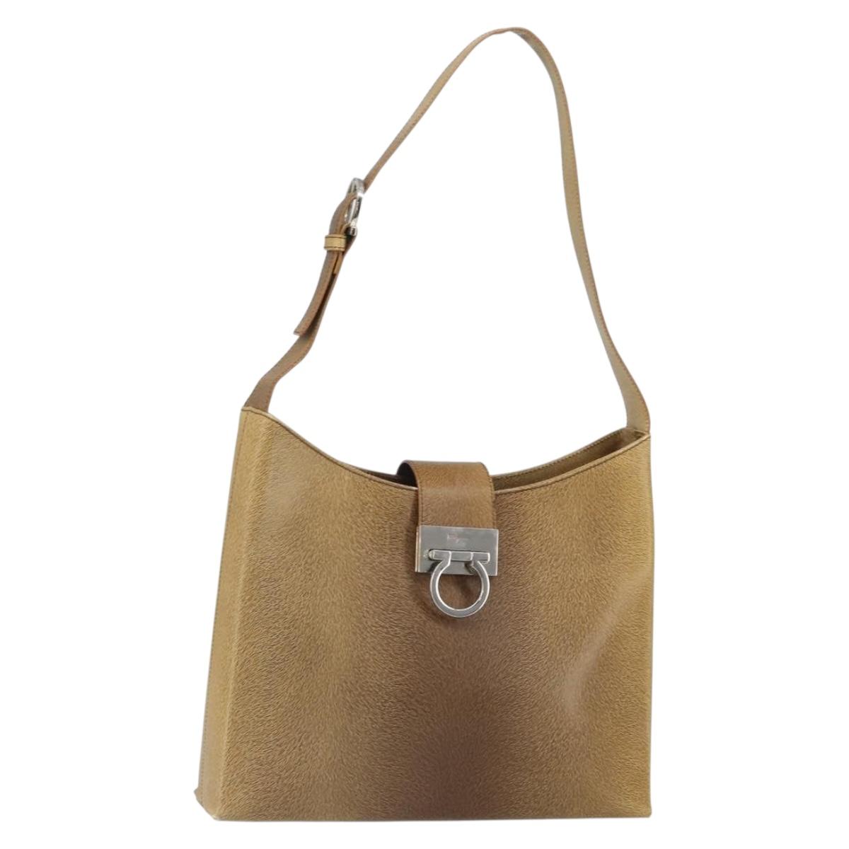 Salvatore Ferragamo Gancini Shoulder Bag Leather Beige Silver Auth 161036