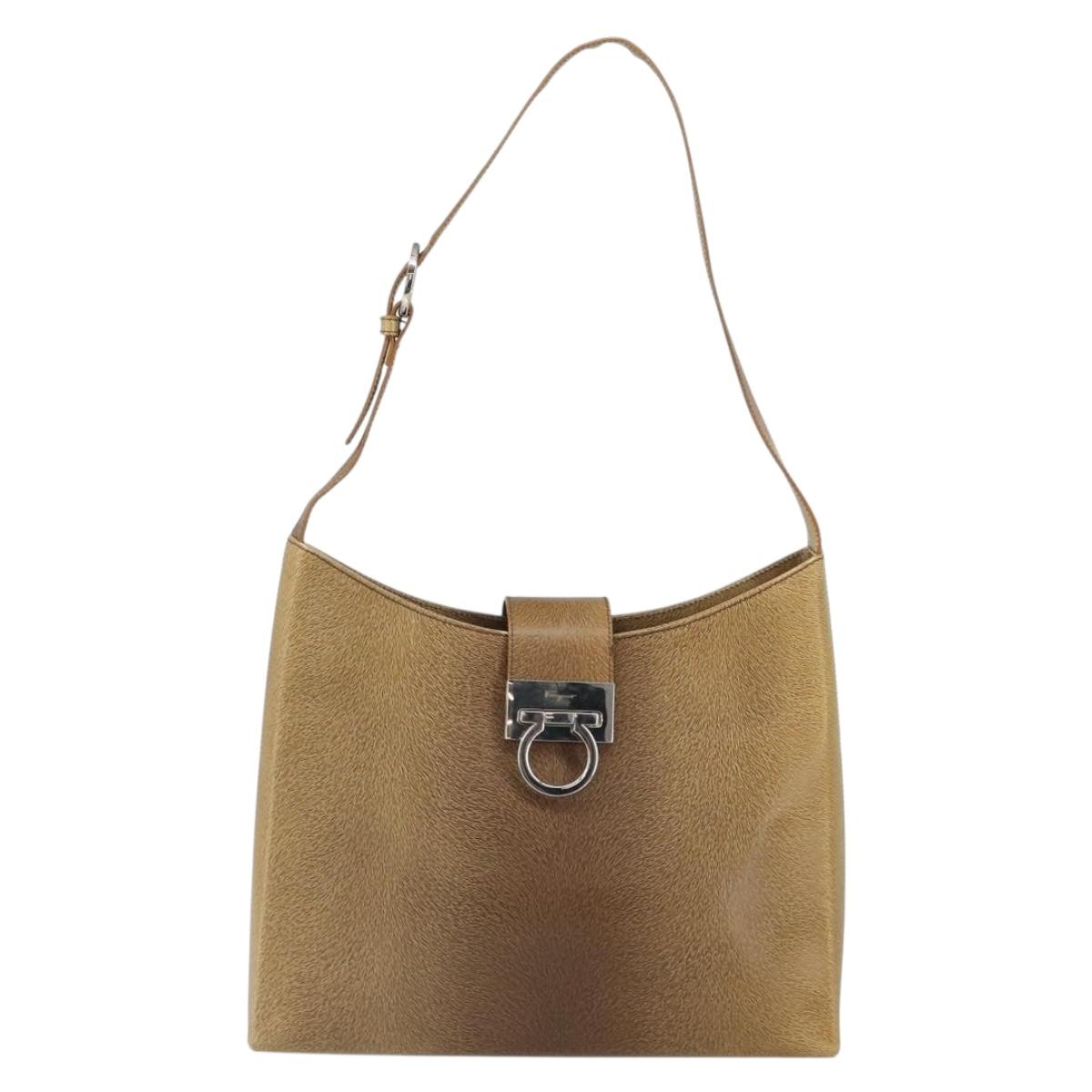Salvatore Ferragamo Gancini Shoulder Bag Leather Beige Silver Auth 161036