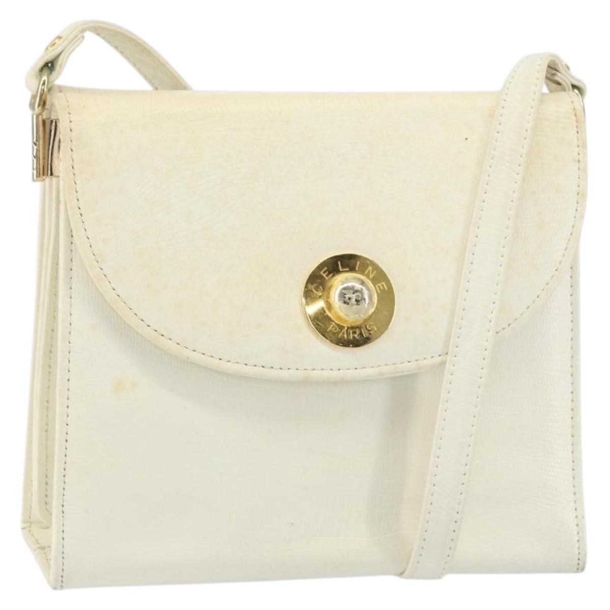 CELINE Shoulder Bag Leather White Gold Auth 161037