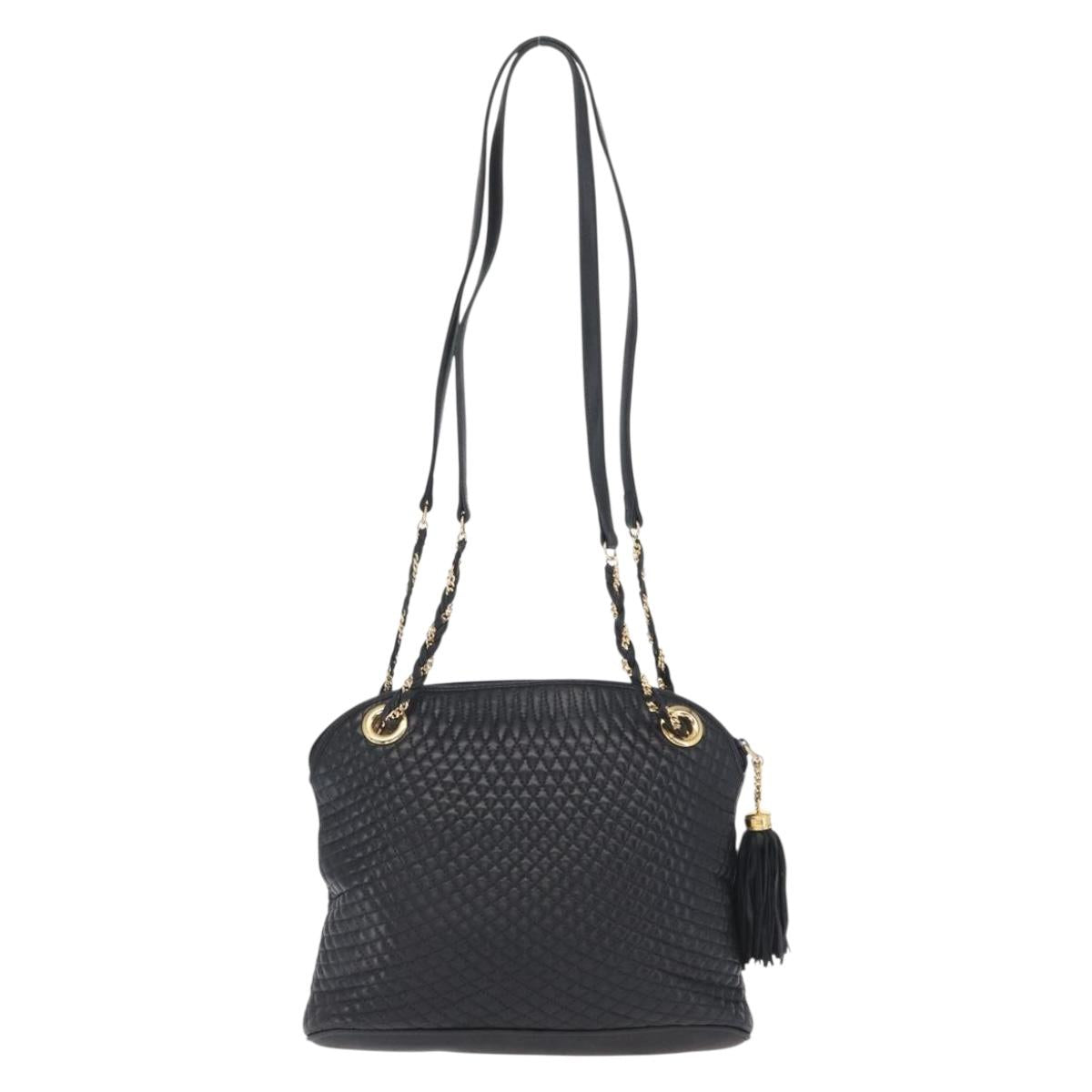 BALLY Chain Shoulder Bag Leather Navy Gold Auth 161052