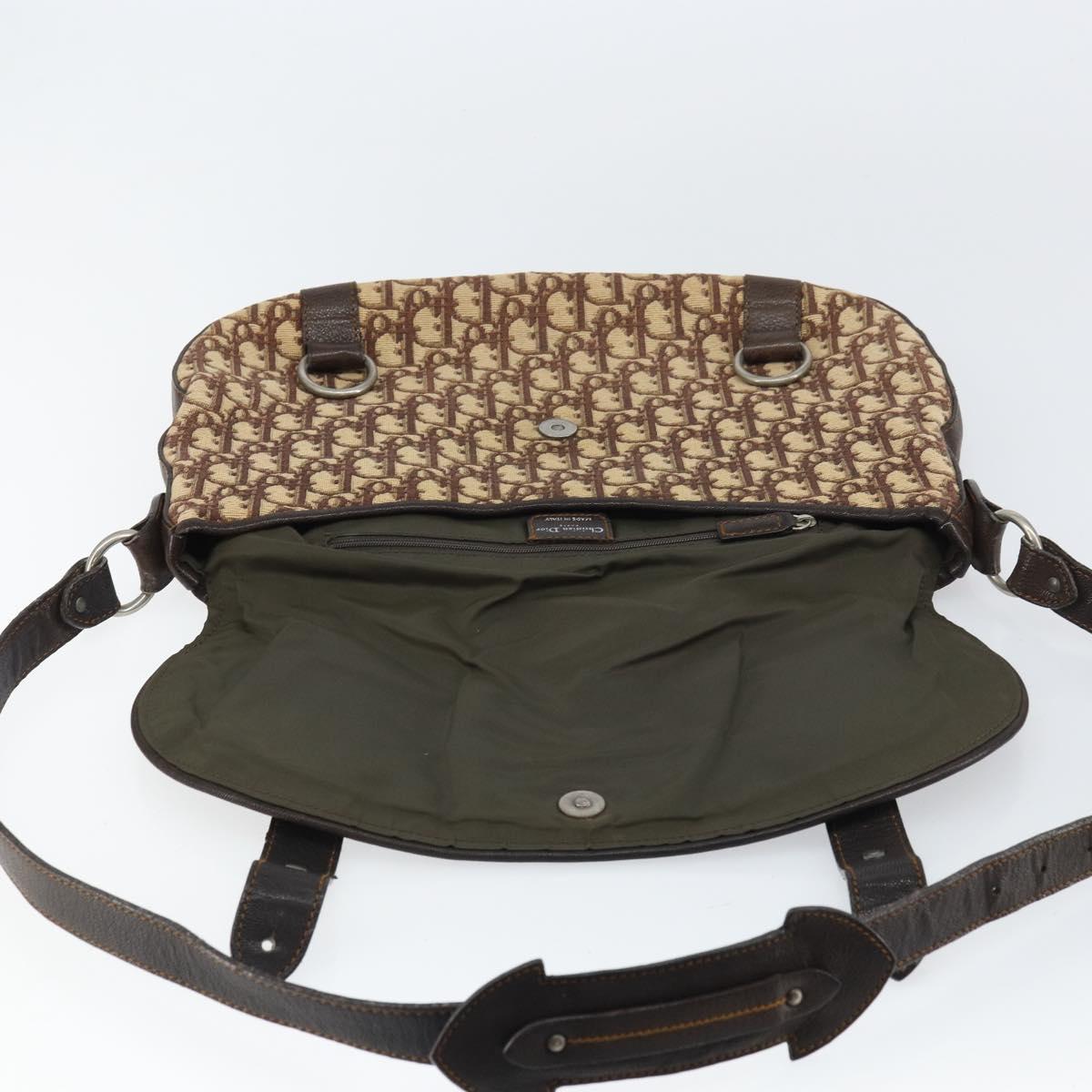 Christian Dior Trotter Canvas Shoulder Bag Brown Silver Auth 161057