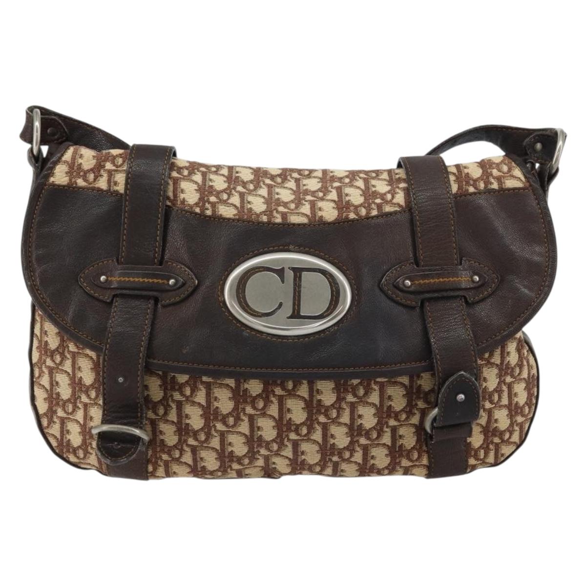 Christian Dior Trotter Canvas Shoulder Bag Brown Silver Auth 161057