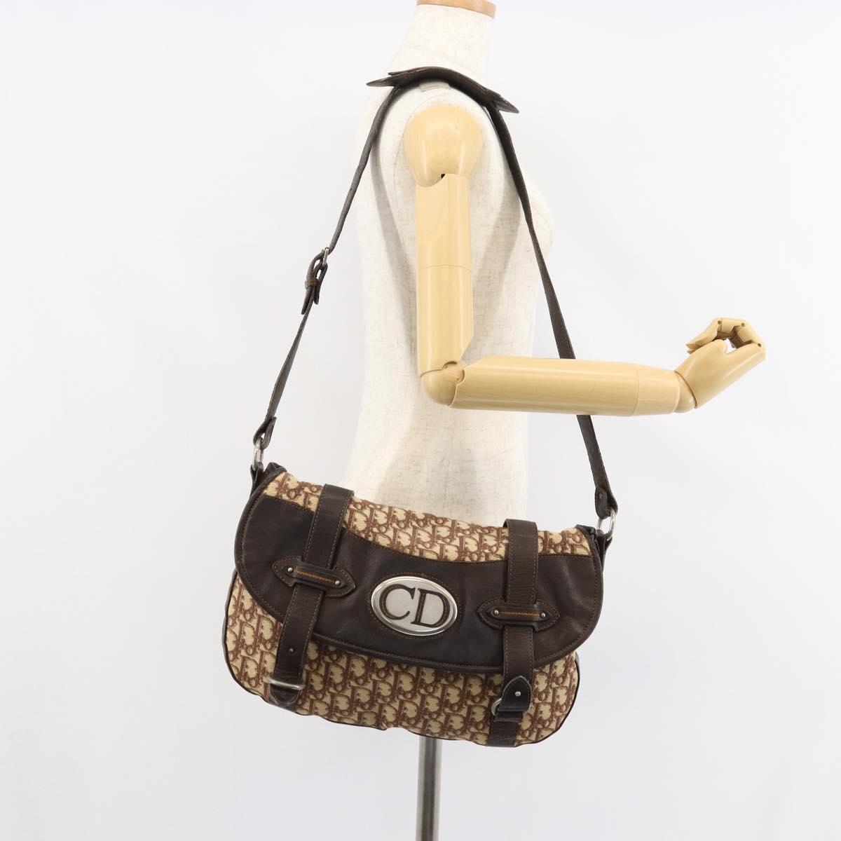 Christian Dior Trotter Canvas Shoulder Bag Brown Silver Auth 161057