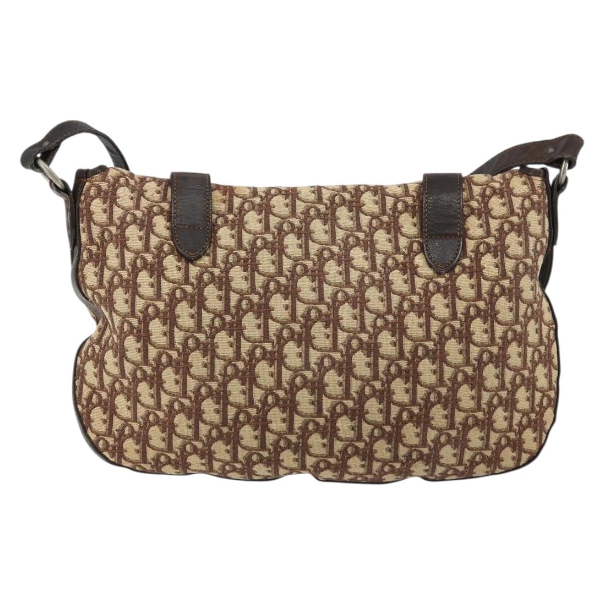 Christian Dior Trotter Canvas Shoulder Bag Brown Silver Auth 161057
