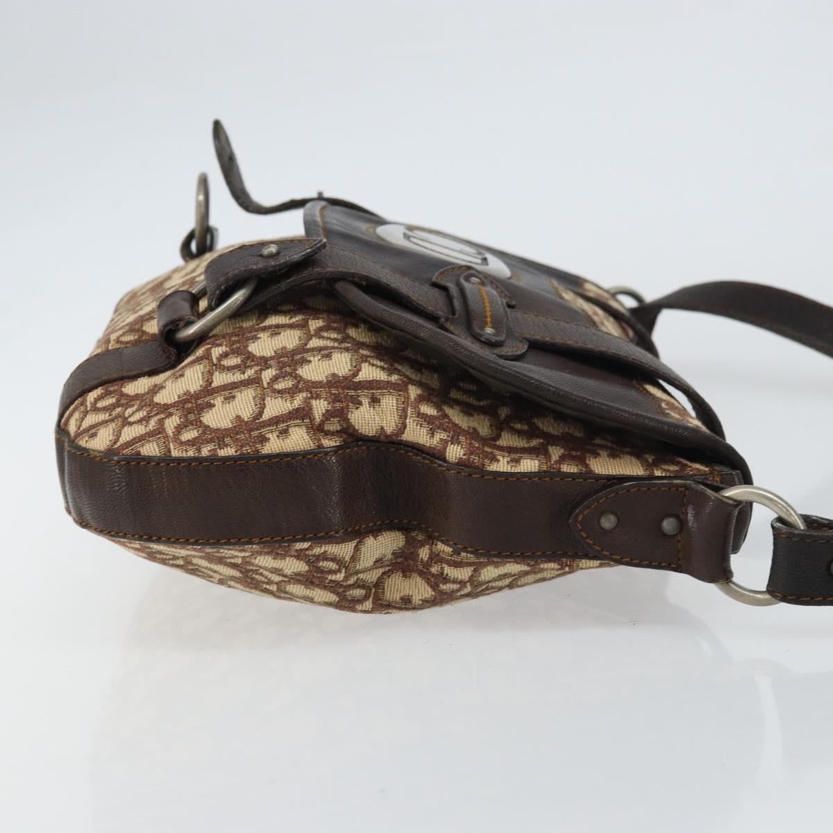 Christian Dior Trotter Canvas Shoulder Bag Brown Silver Auth 161057