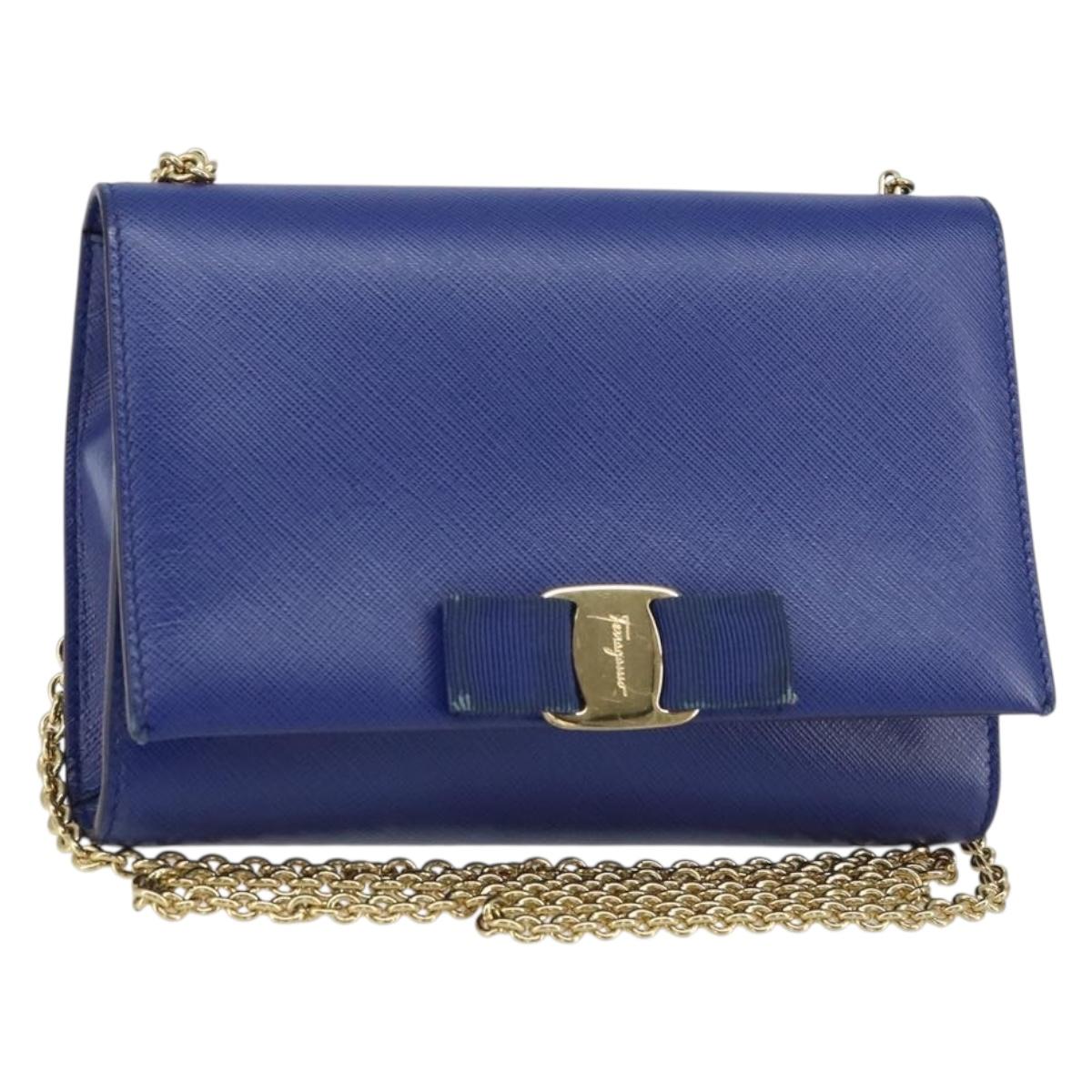 Salvatore Ferragamo Vala Chain Shoulder Bag Leather Blue Gold Auth 161081