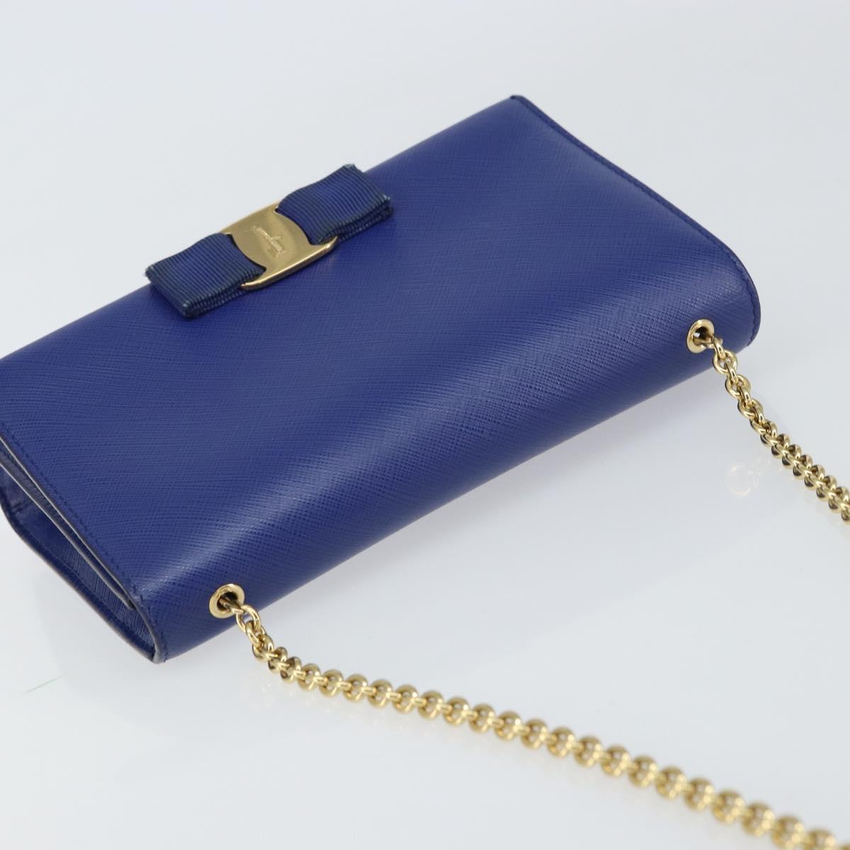 Salvatore Ferragamo Vala Chain Shoulder Bag Leather Blue Gold Auth 161081