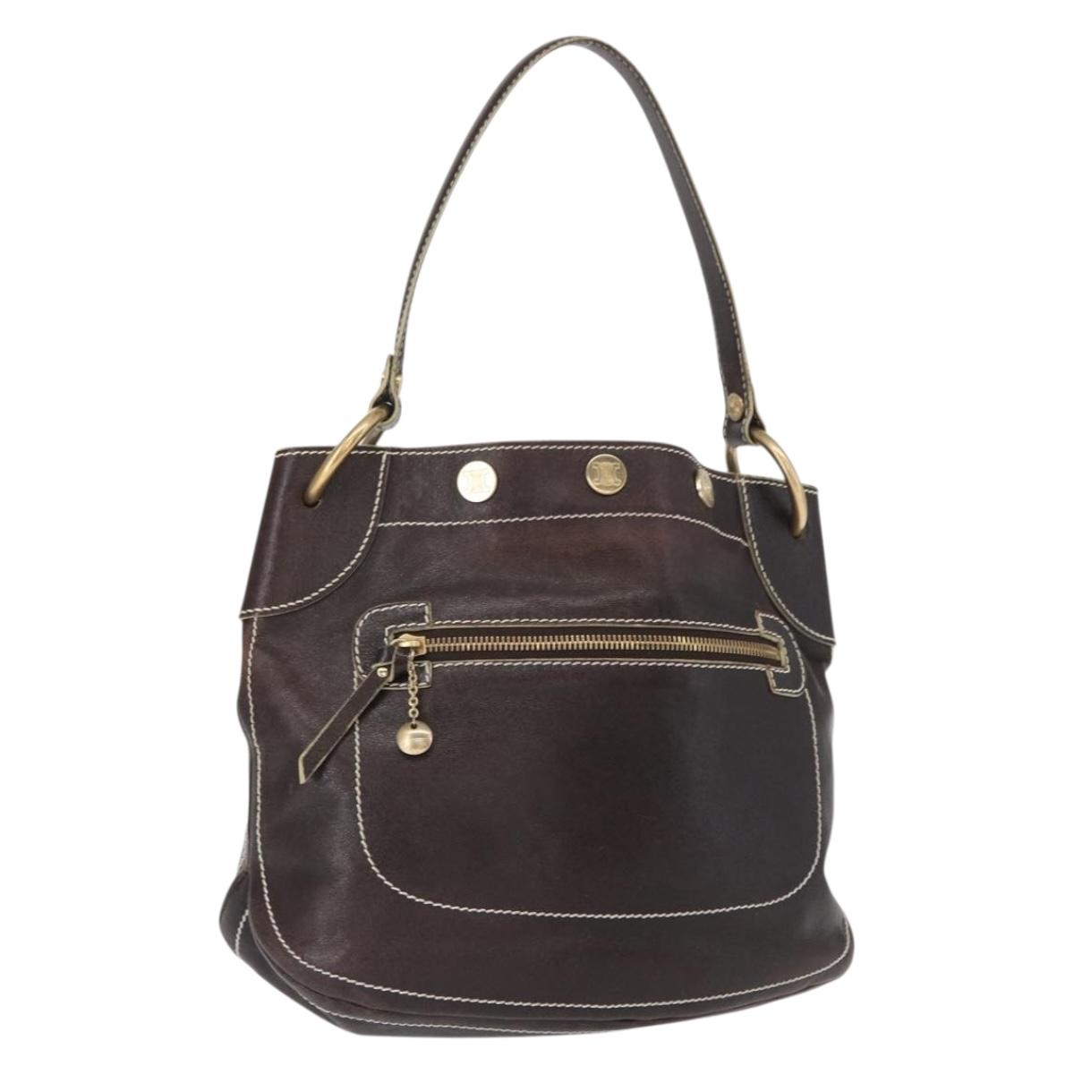 CELINE Shoulder Bag Leather Dark Brown Gold Auth 161102
