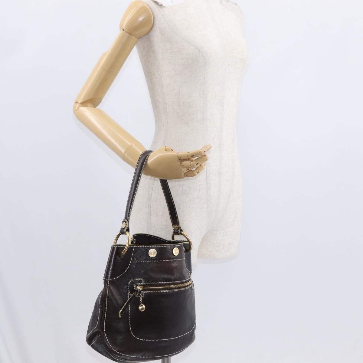 CELINE Shoulder Bag Leather Dark Brown Gold Auth 161102