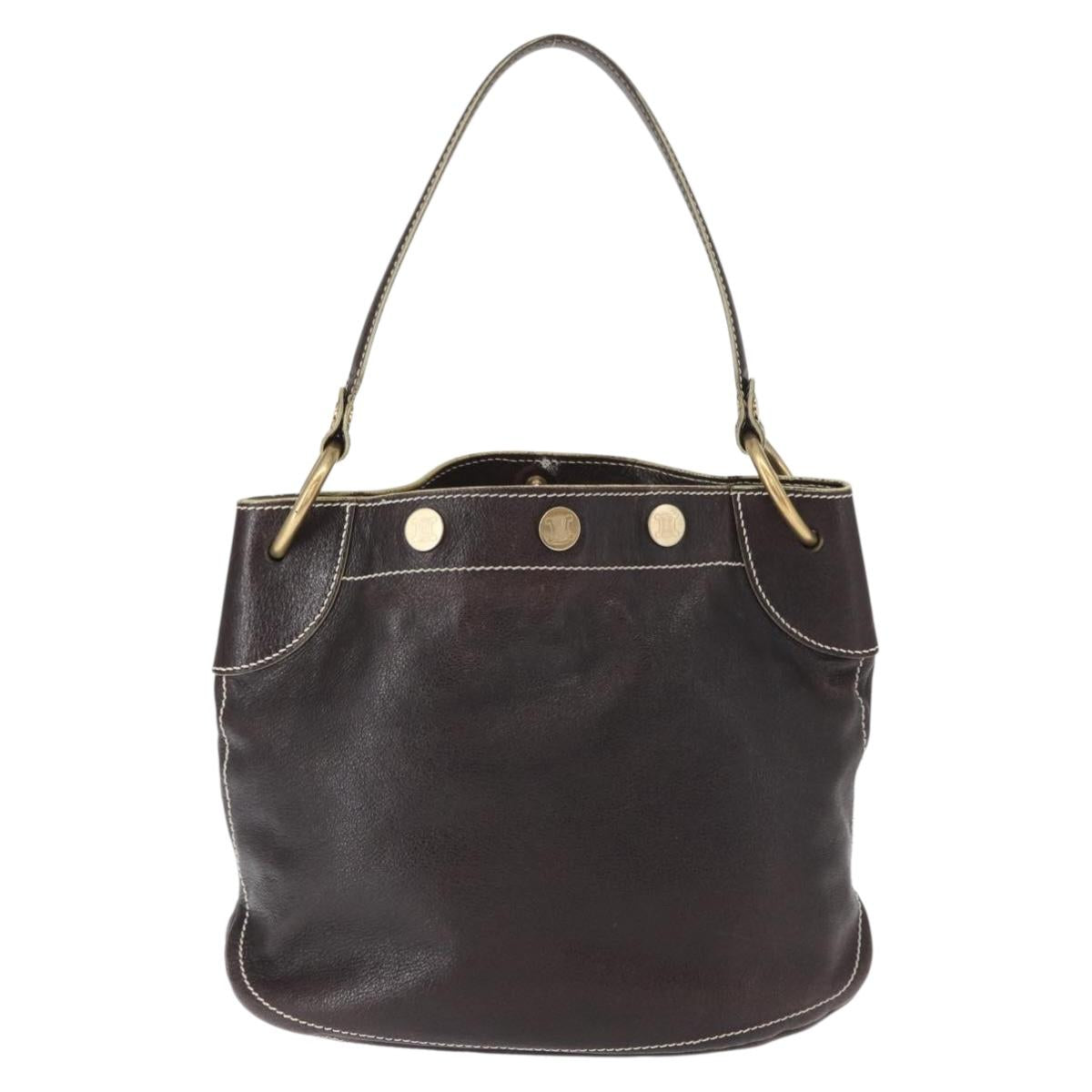 CELINE Shoulder Bag Leather Dark Brown Gold Auth 161102