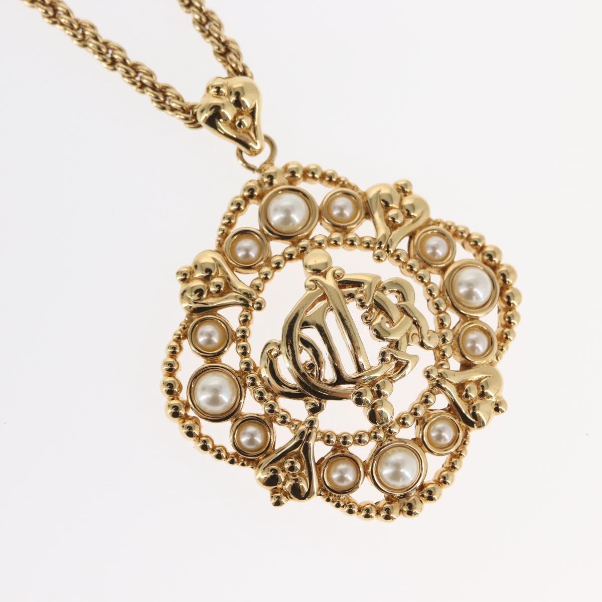 Christian Dior Pearl Emblem Necklace metal Gold Tone Auth 161155V