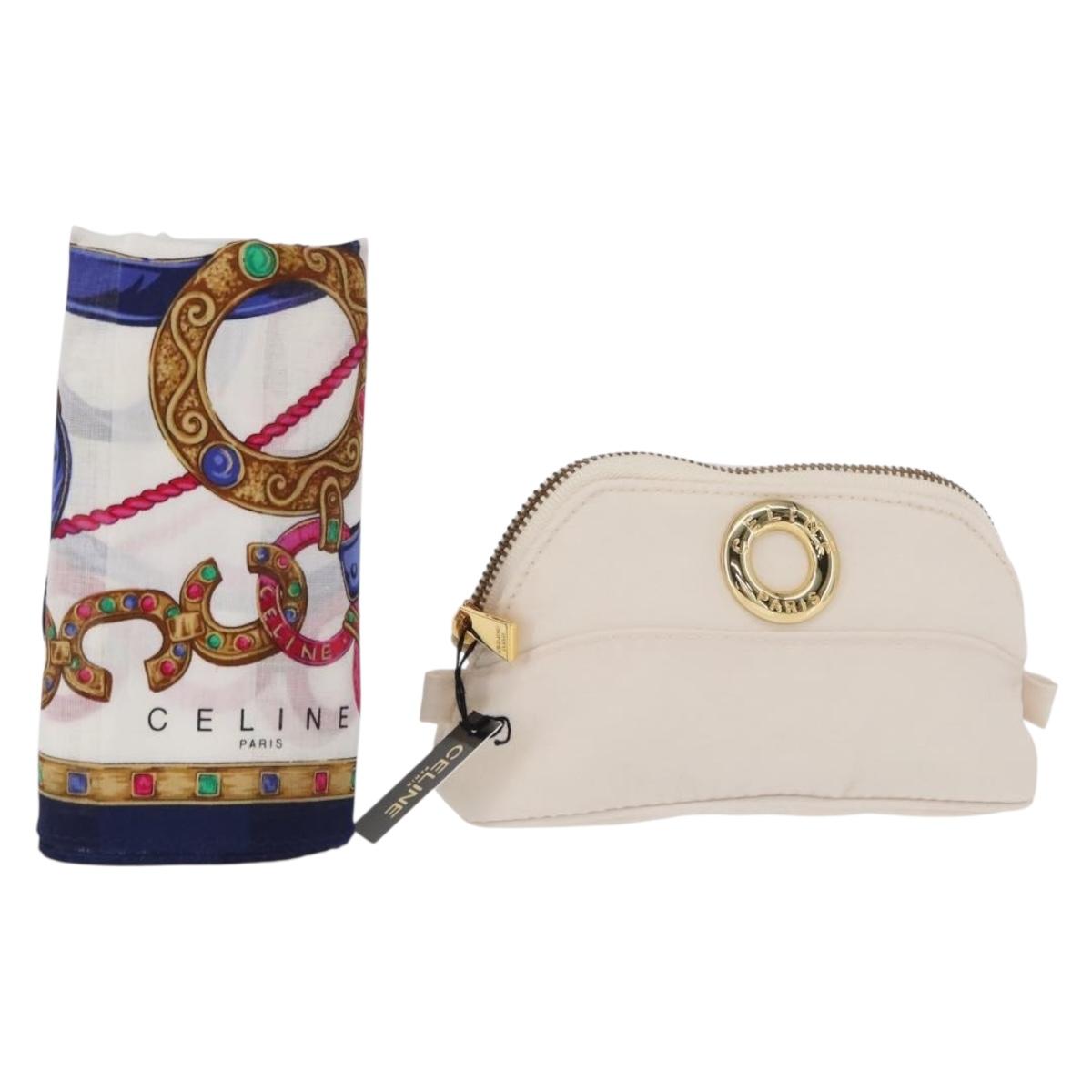CELINE Circle Pouch Nylon Handkerchief Set White Gold Auth 161157