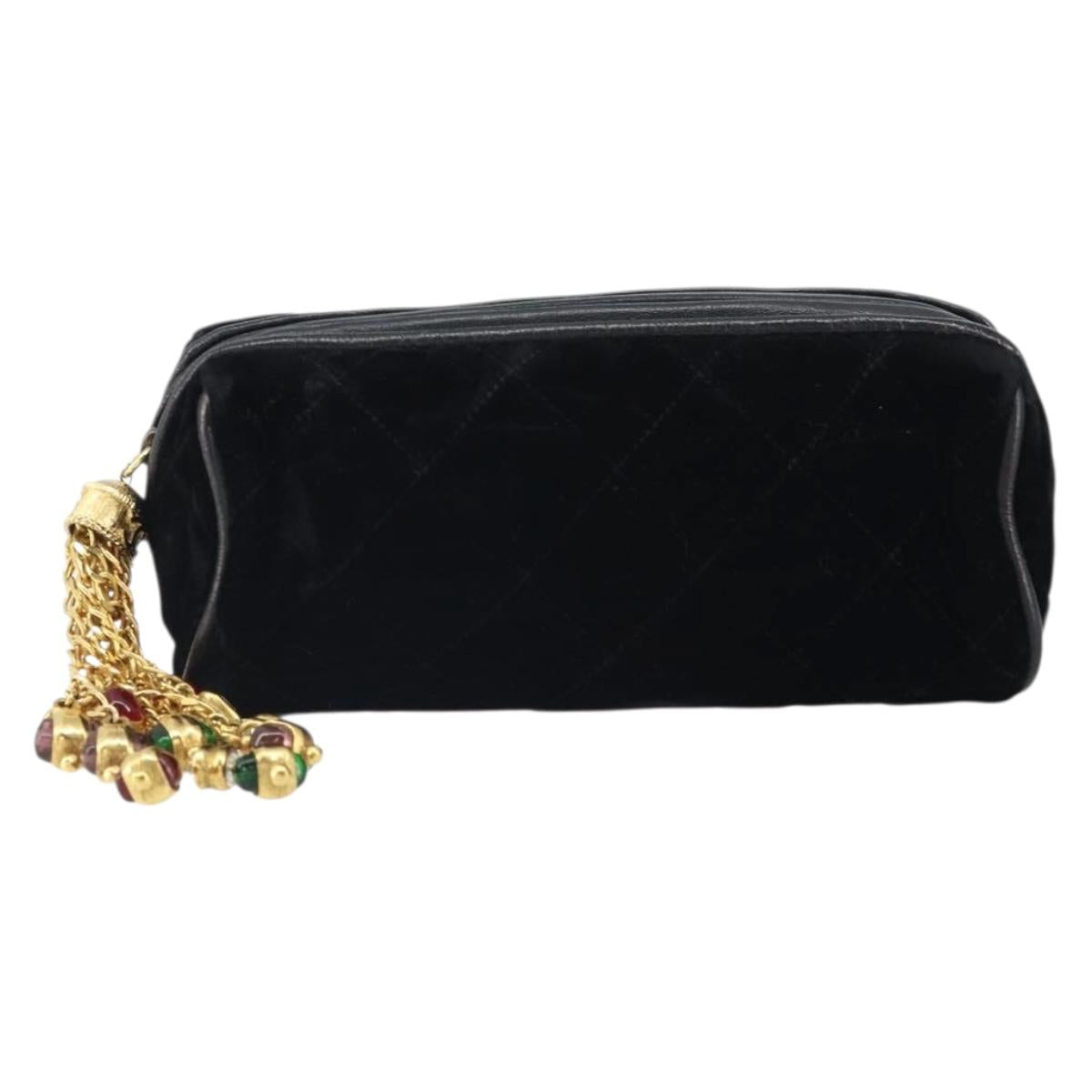 CHANEL Matelasse Pouch Velor Black Gold CC Auth 161194V