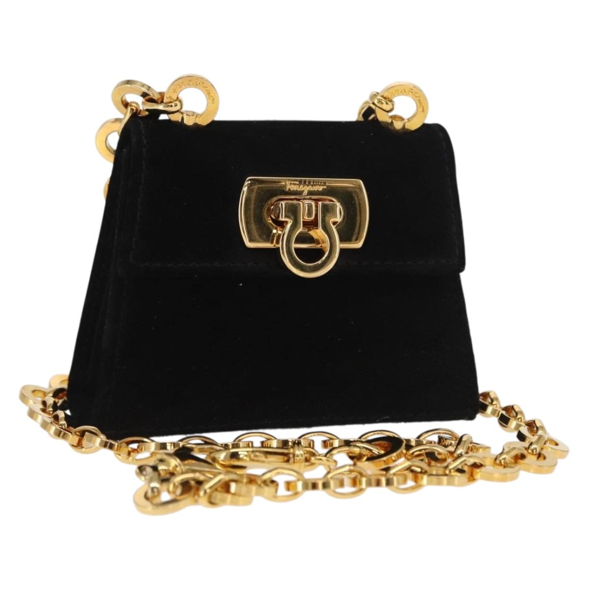 Salvatore Ferragamo Gancini Chain Shoulder Pouch Suede Black Gold Auth 161208