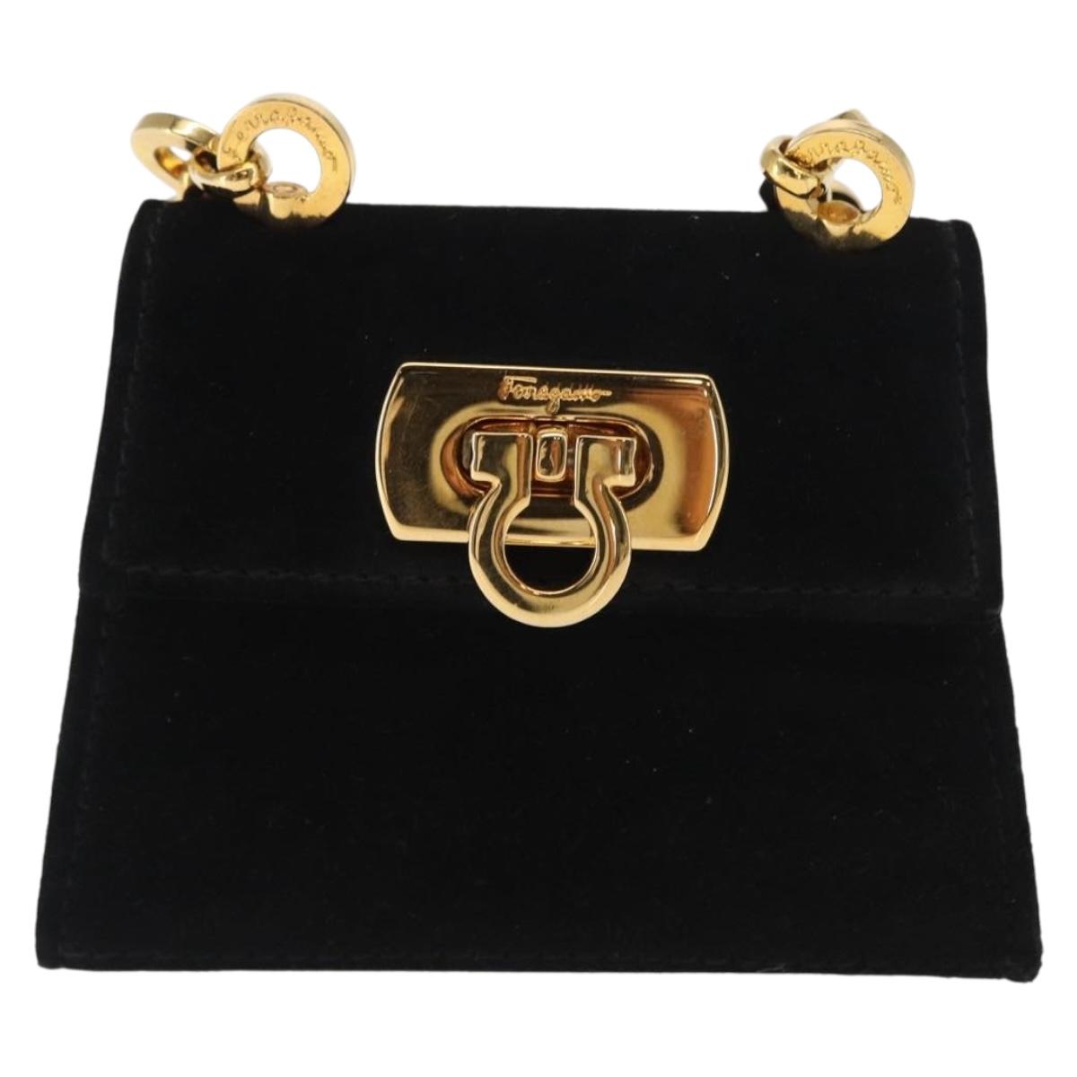 Salvatore Ferragamo Gancini Chain Shoulder Pouch Suede Black Gold Auth 161208