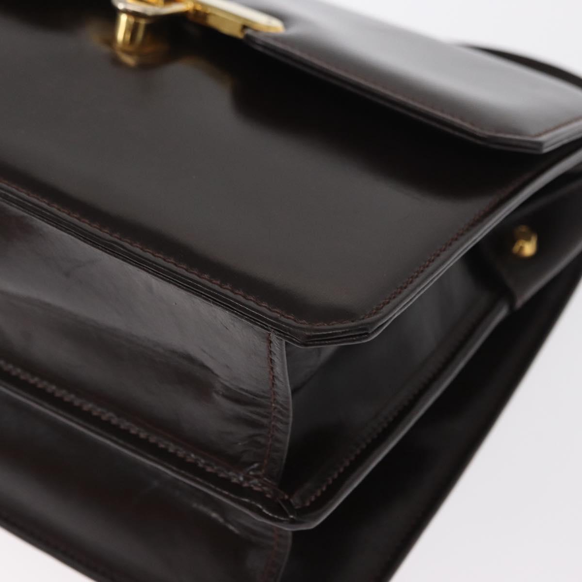 GUCCI Hand Bag Leather Dark Brown Gold Auth 161217