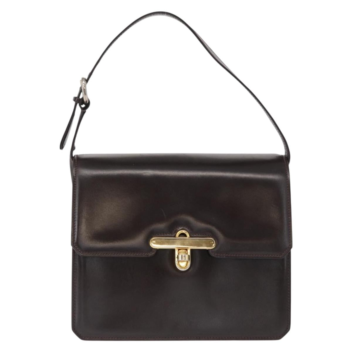 GUCCI Hand Bag Leather Dark Brown Gold Auth 161217