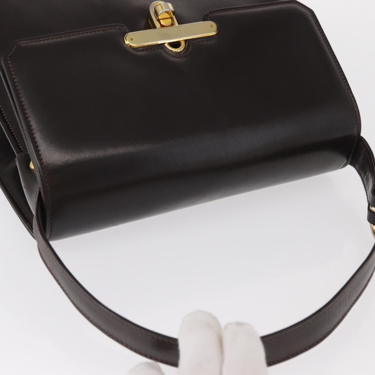 GUCCI Hand Bag Leather Dark Brown Gold Auth 161217