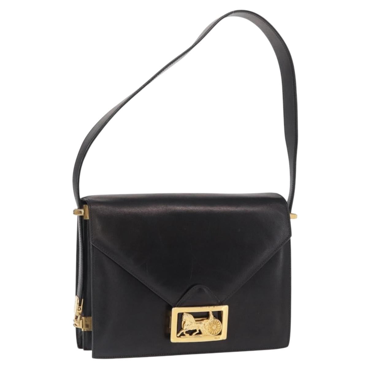 CELINE Horse Carriage Shoulder Bag Leather Black Gold Auth 161222