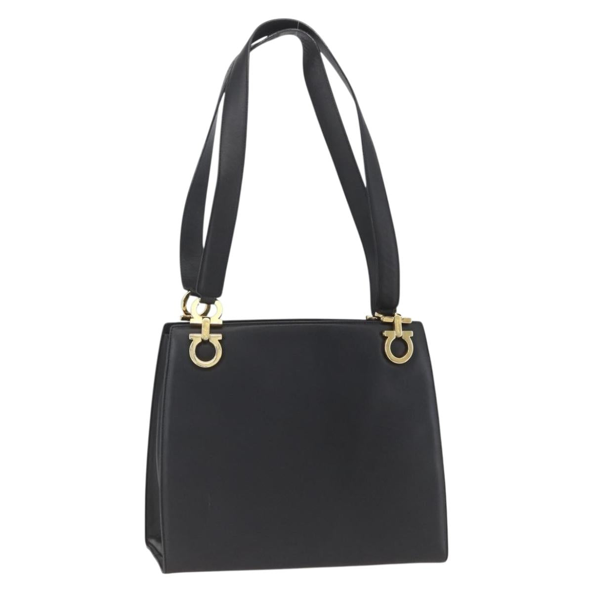 Salvatore Ferragamo Gancini Shoulder Bag Leather Black Gold Auth 161284