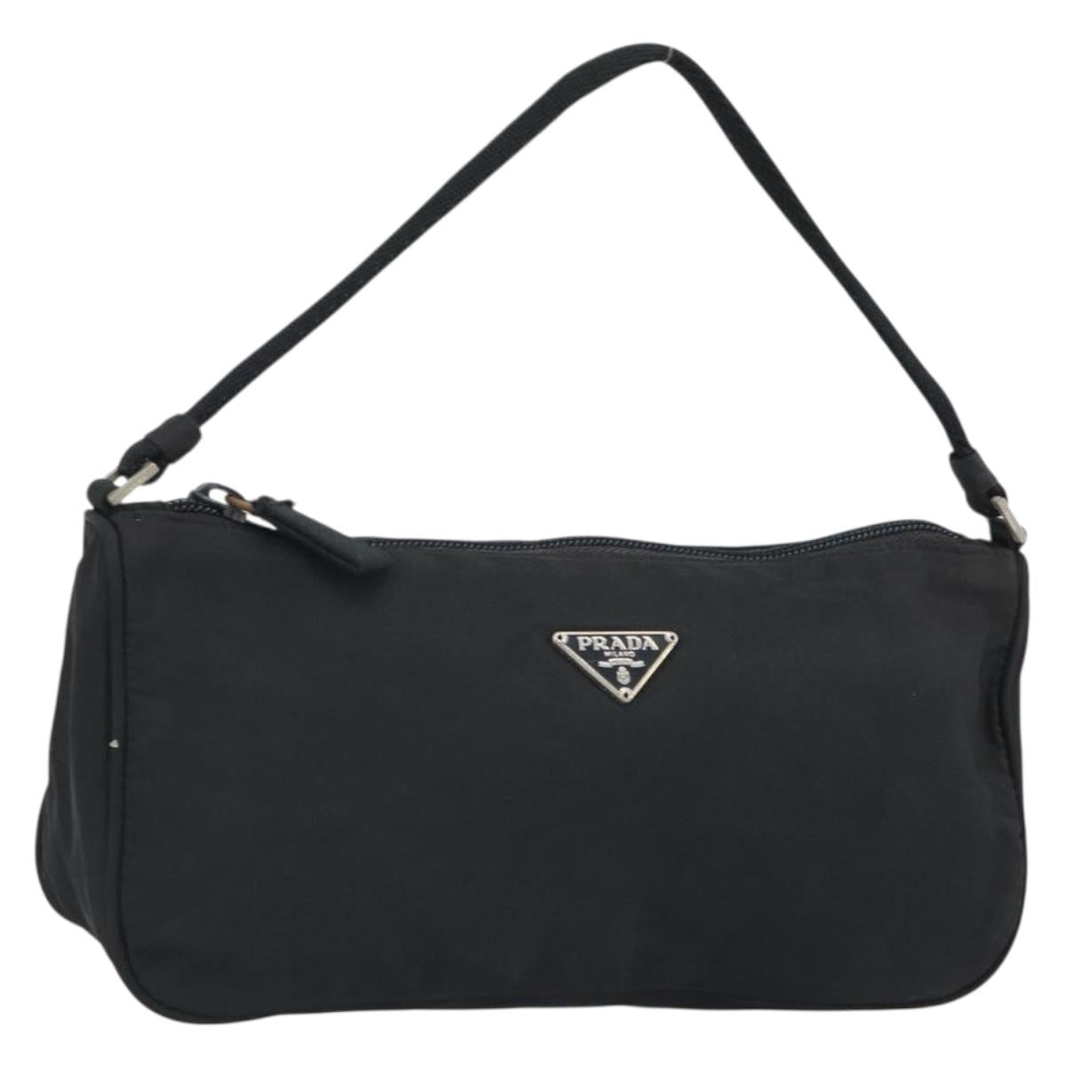 PRADA Hand Pouch Nylon Black Silver Auth 161300