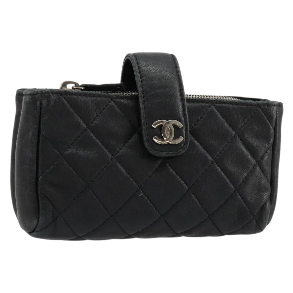 CHANEL Matelasse Coin Purse Lamb Skin Black Silver CC Auth 161338A