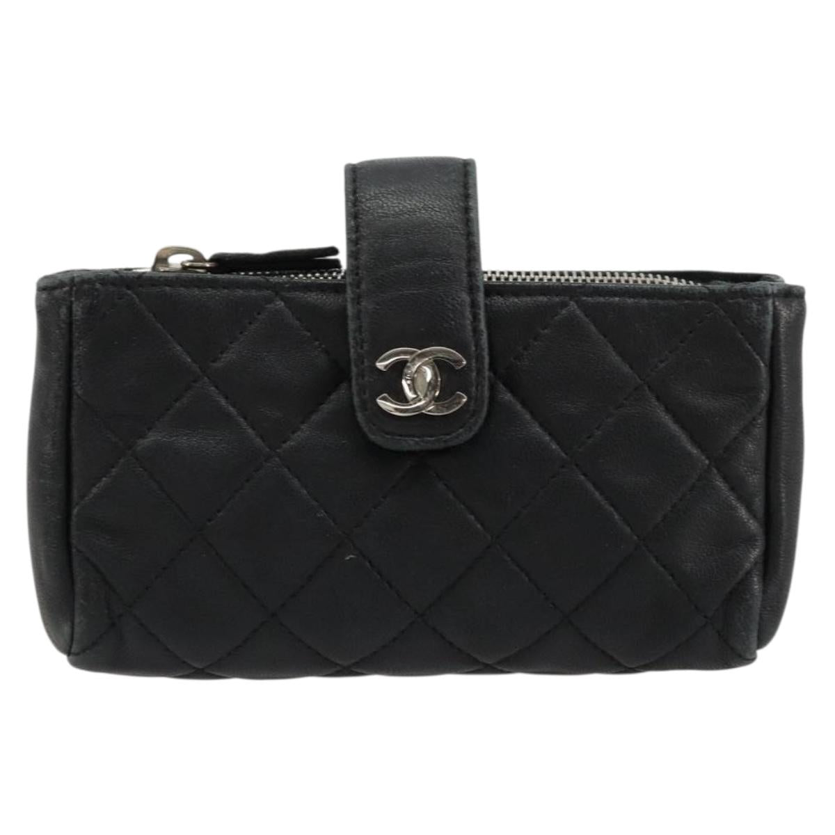 CHANEL Matelasse Coin Purse Lamb Skin Black Silver CC Auth 161338A