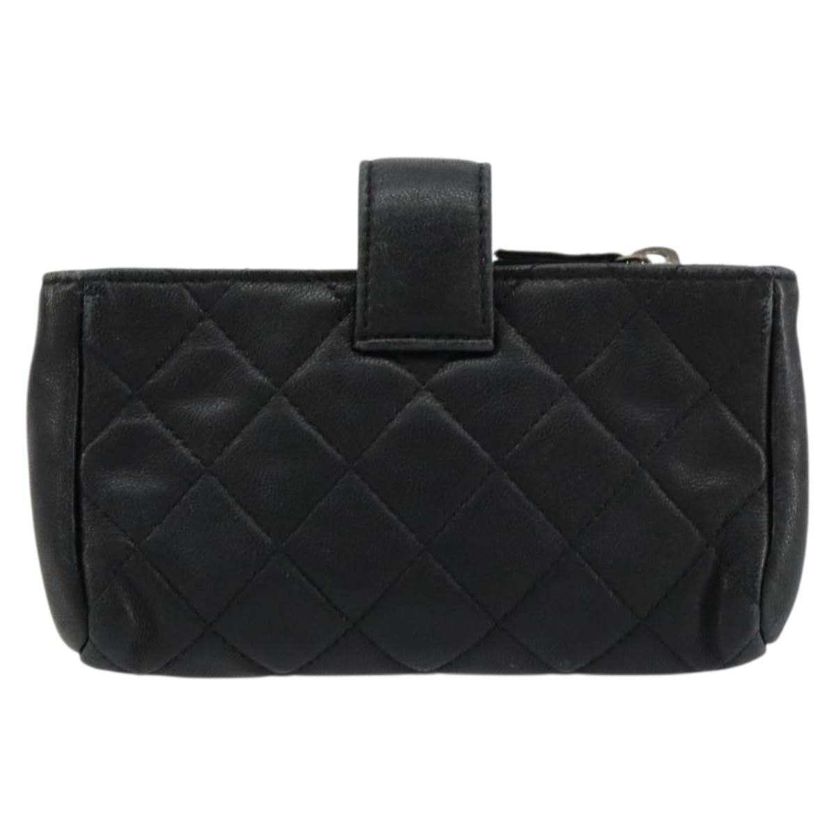 CHANEL Matelasse Coin Purse Lamb Skin Black Silver CC Auth 161338A