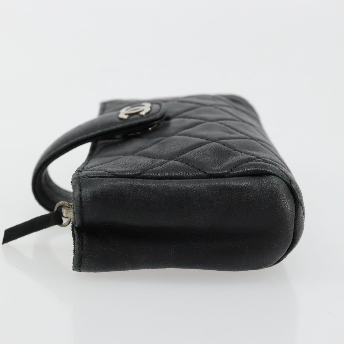 CHANEL Matelasse Coin Purse Lamb Skin Black Silver CC Auth 161338A