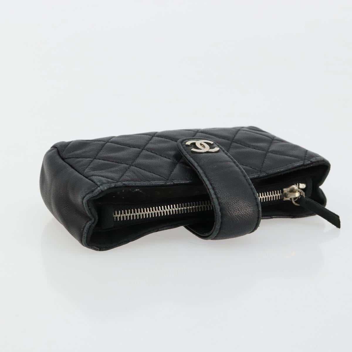 CHANEL Matelasse Coin Purse Lamb Skin Black Silver CC Auth 161338A