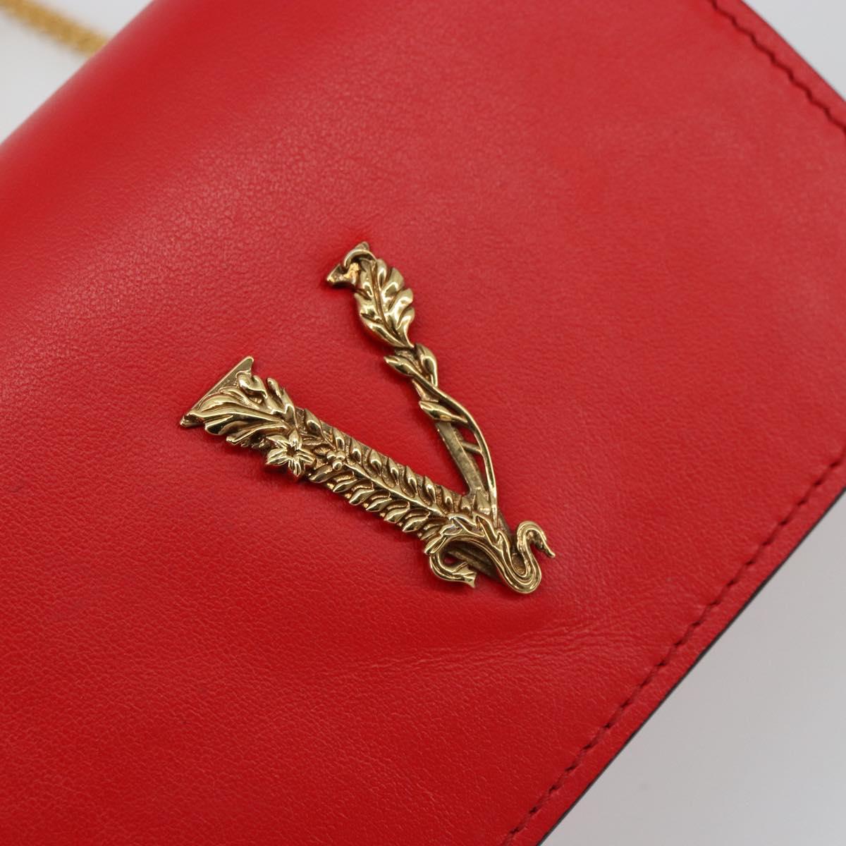 VERSACE Chain Shoulder Pouch Leather Red Gold Auth 161343A
