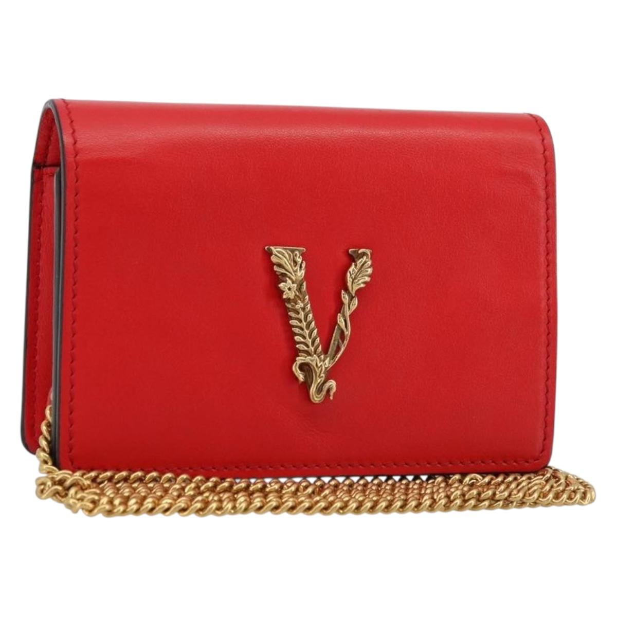 VERSACE Chain Shoulder Pouch Leather Red Gold Auth 161343A