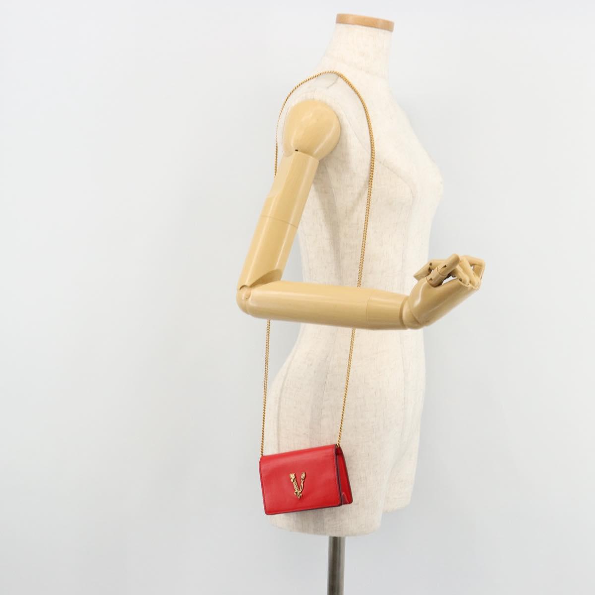 VERSACE Chain Shoulder Pouch Leather Red Gold Auth 161343A