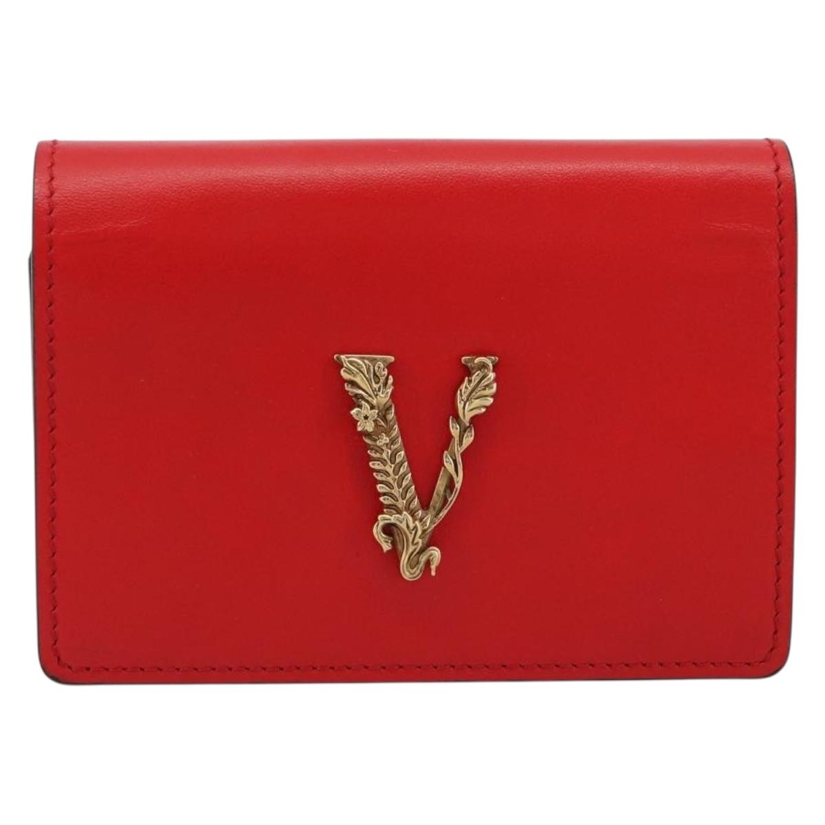 VERSACE Chain Shoulder Pouch Leather Red Gold Auth 161343A