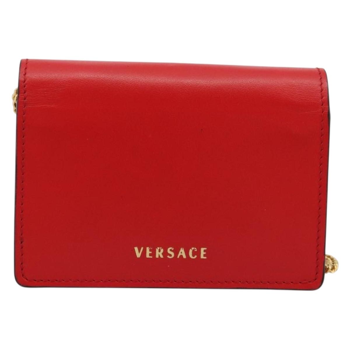 VERSACE Chain Shoulder Pouch Leather Red Gold Auth 161343A