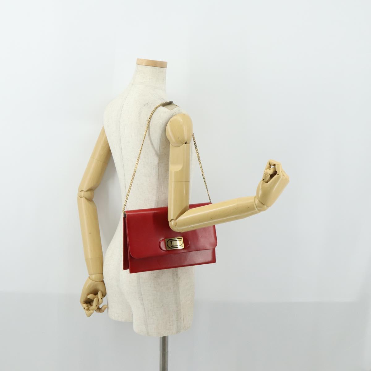 Christian Dior Chain Shoulder Bag Leather Red Gold Auth 161387