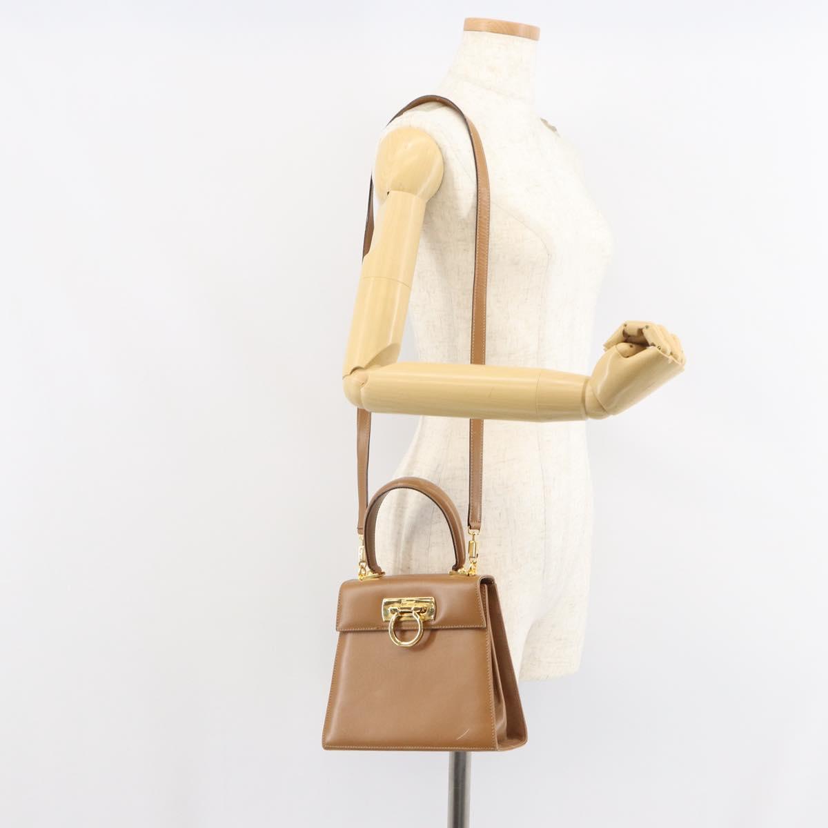 Salvatore Ferragamo Gancini Hand Bag Leather 2way Beige Gold Auth 161403
